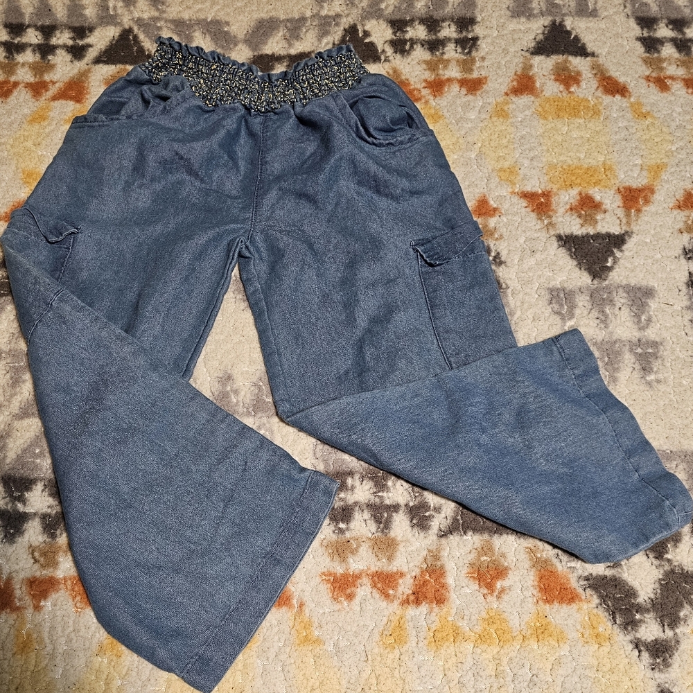 Lemon Kiss Blue Cotton Pants with Golden Threaded Elastic Waistband Size 6